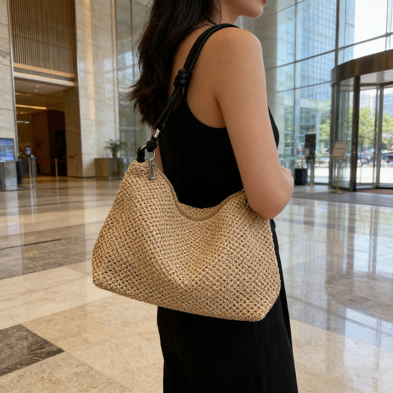Luxury Beach Bags Ysl - Straw Woven Shoulder Bag with Knotted